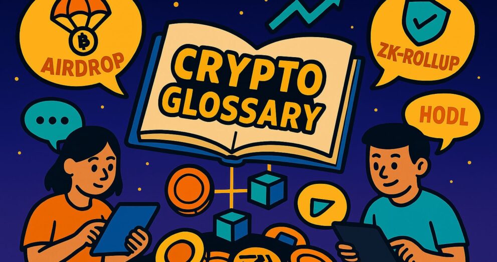 Cartoon illustration of a crypto glossary book with key terms and icons