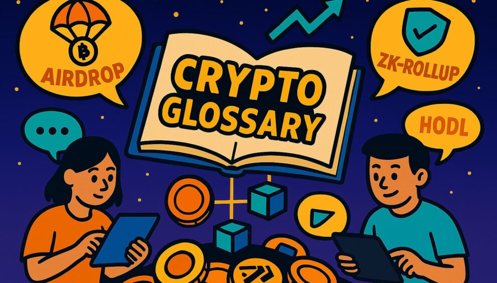 Cartoon illustration of a crypto glossary book with key terms and icons