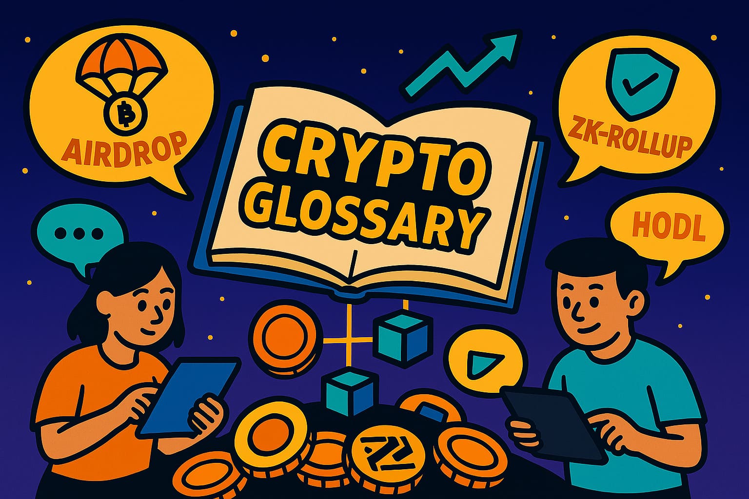 Cartoon illustration of a crypto glossary book with key terms and icons