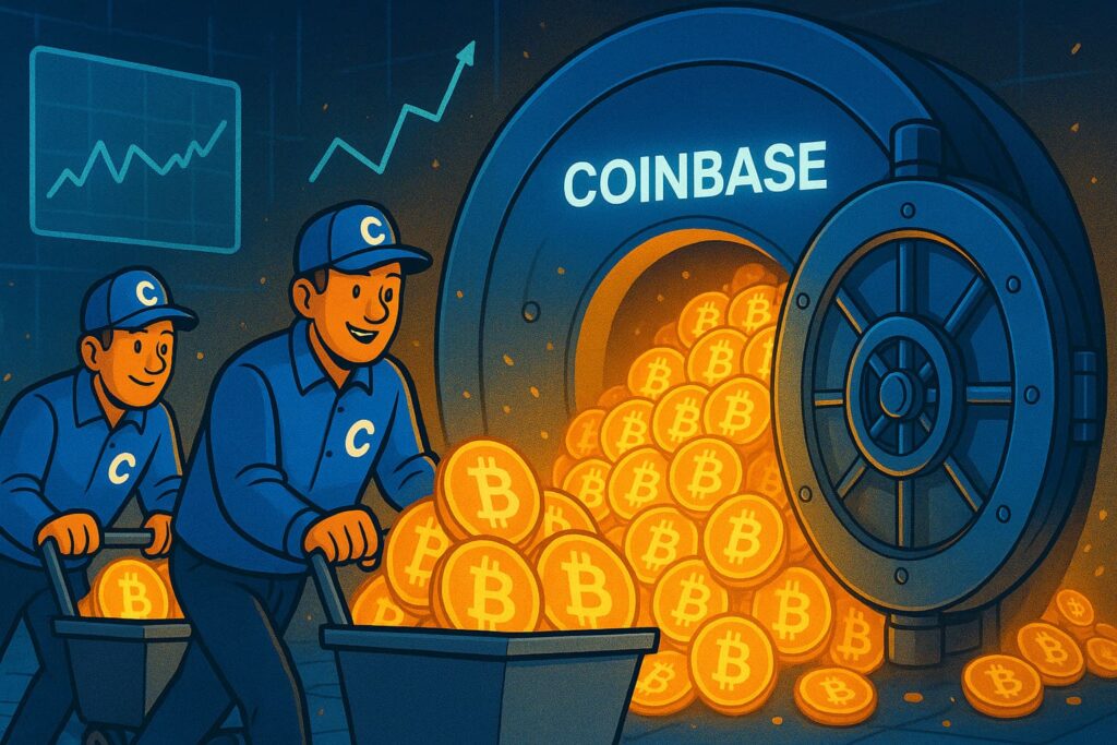 Illustration showing Coinbase workers adding Bitcoin to a digital vault, symbolizing increased BTC reserves in Q2 2025.