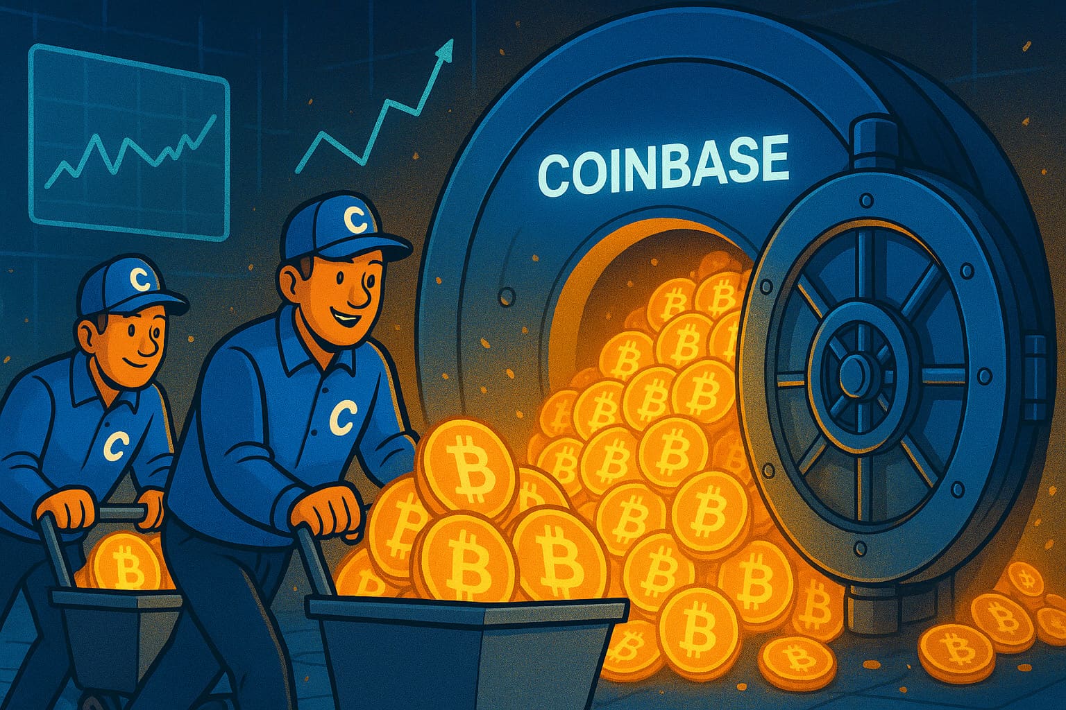 Illustration showing Coinbase workers adding Bitcoin to a digital vault, symbolizing increased BTC reserves in Q2 2025.