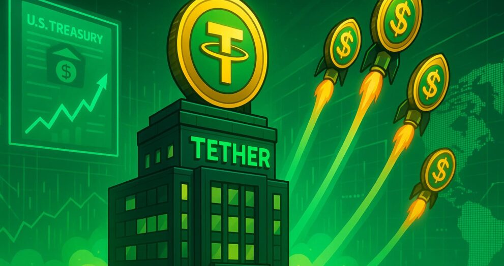 Illustration showing Tether’s USDt stablecoins rising with profit charts and U.S. Treasurys, symbolizing its Q2 2025 performance.