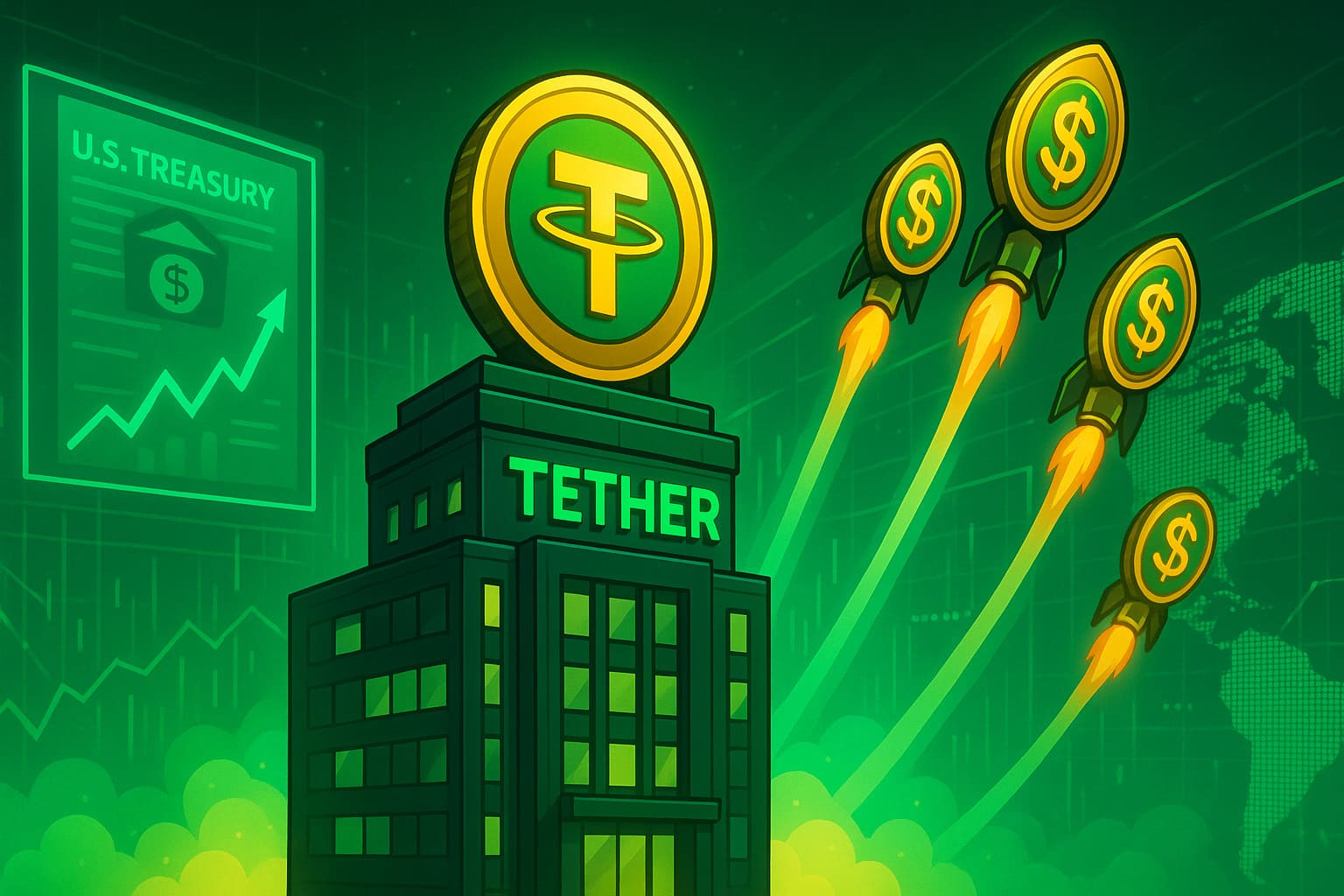 Illustration showing Tether’s USDt stablecoins rising with profit charts and U.S. Treasurys, symbolizing its Q2 2025 performance.