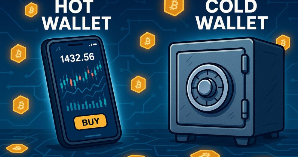Cartoon depiction of hot and cold crypto wallets on a blockchain background