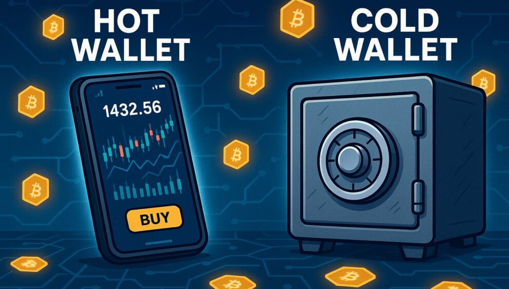 Cartoon depiction of hot and cold crypto wallets on a blockchain background