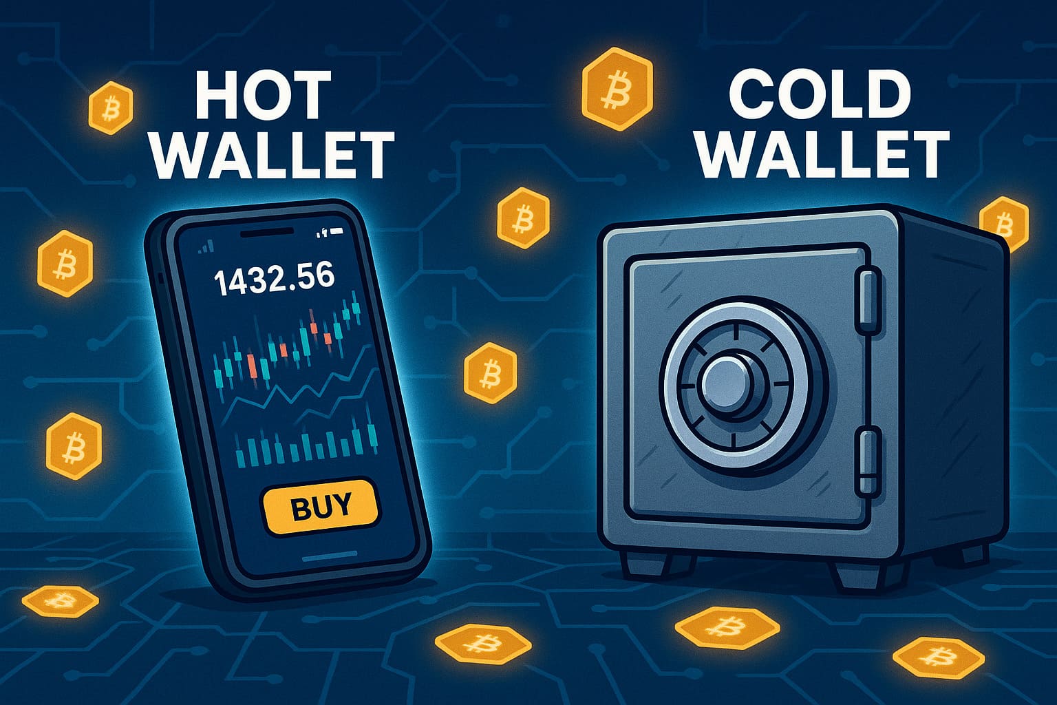 Cartoon depiction of hot and cold crypto wallets on a blockchain background