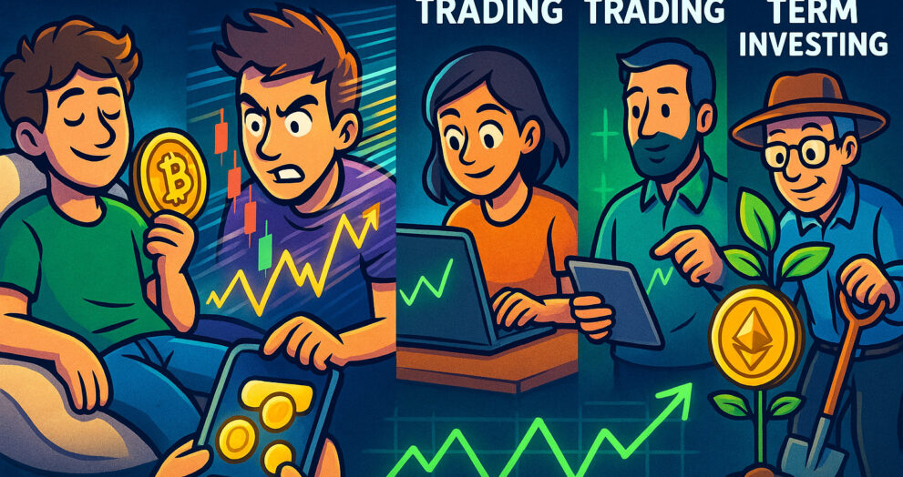 Cartoon depicting various crypto trading strategies in action