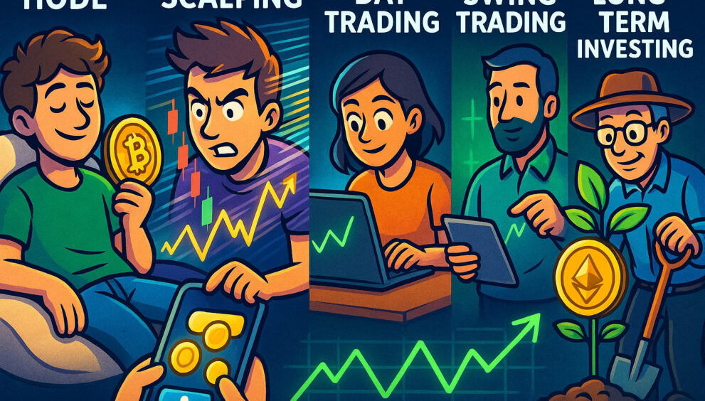 Cartoon depicting various crypto trading strategies in action