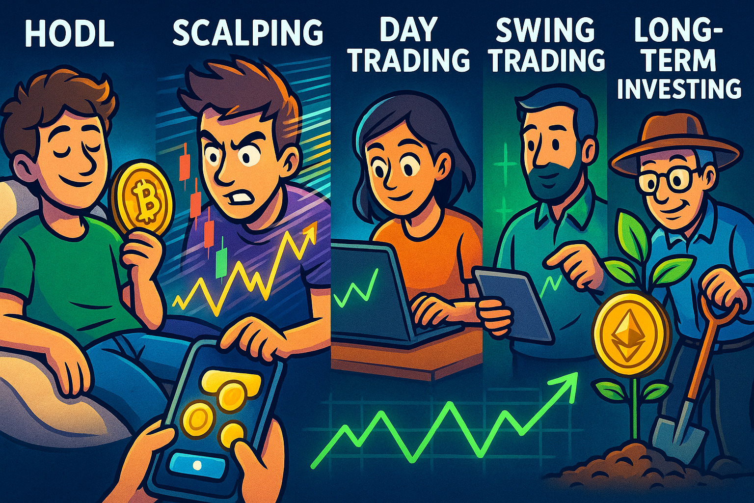 Cartoon depicting various crypto trading strategies in action