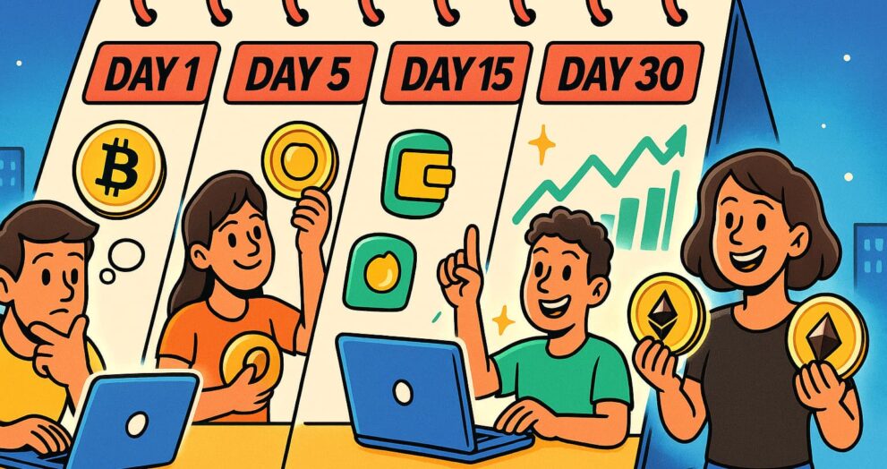 Cartoon depicting various crypto trading strategies in action