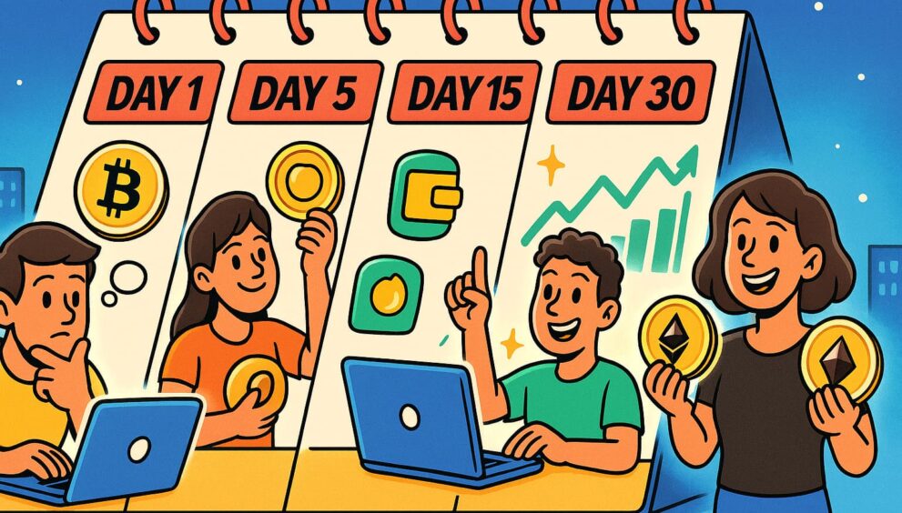Cartoon depicting various crypto trading strategies in action