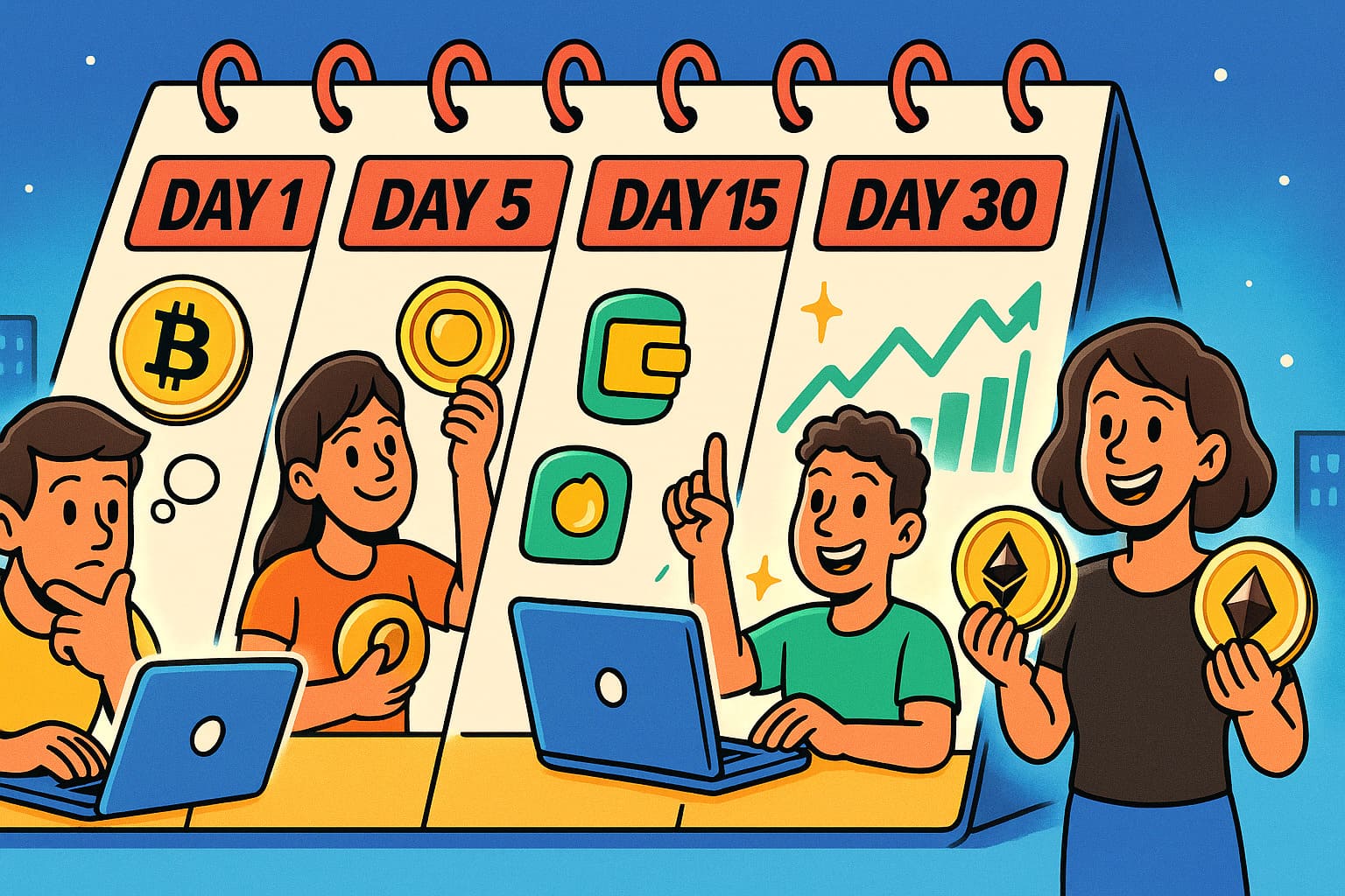 Cartoon depicting various crypto trading strategies in action