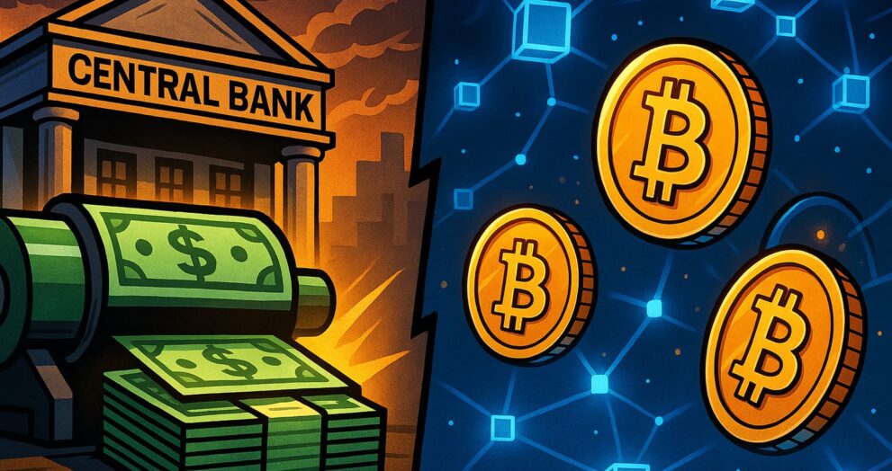 Cartoon contrasting Bitcoin digital coins and fiat currency printed by a central bank