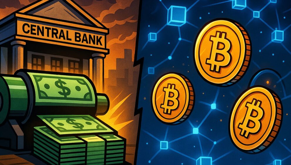Cartoon contrasting Bitcoin digital coins and fiat currency printed by a central bank