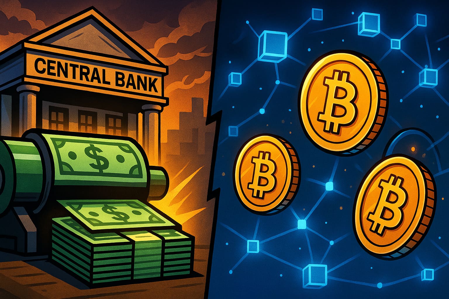 Cartoon contrasting Bitcoin digital coins and fiat currency printed by a central bank
