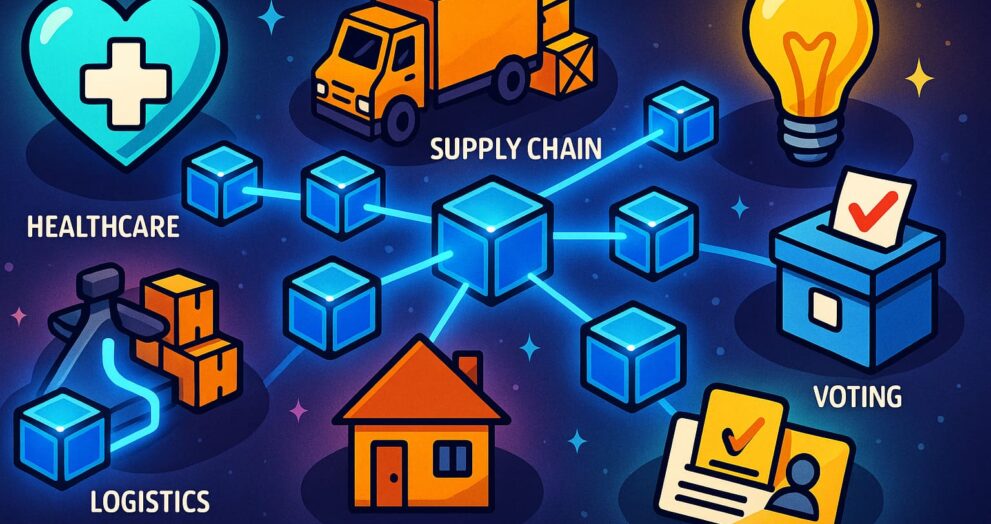 Cartoon infographic showing blockchain use cases across industries such as healthcare, supply chain, voting, real estate, identity
