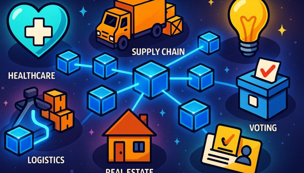 Cartoon infographic showing blockchain use cases across industries such as healthcare, supply chain, voting, real estate, identity