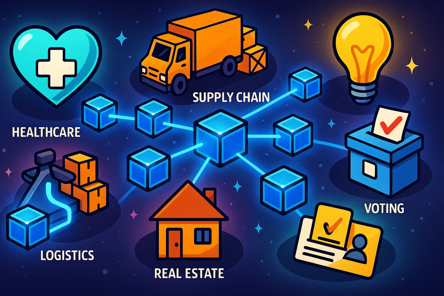 Cartoon infographic showing blockchain use cases across industries such as healthcare, supply chain, voting, real estate, identity
