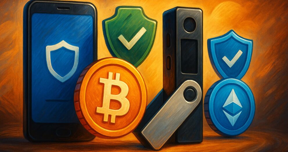 Cartoon depiction of software wallets and hardware devices representing beginner-friendly crypto wallet options