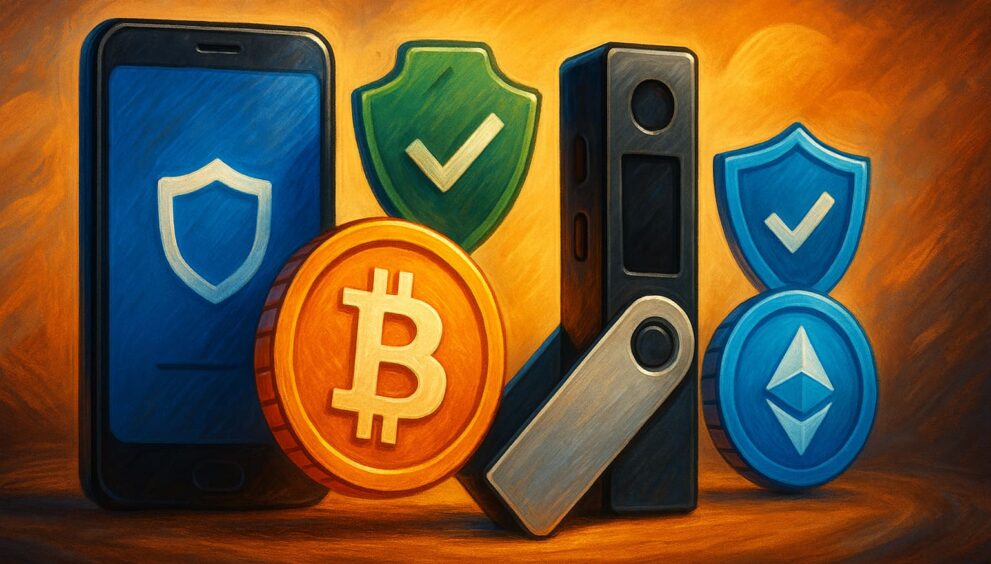 Cartoon depiction of software wallets and hardware devices representing beginner-friendly crypto wallet options