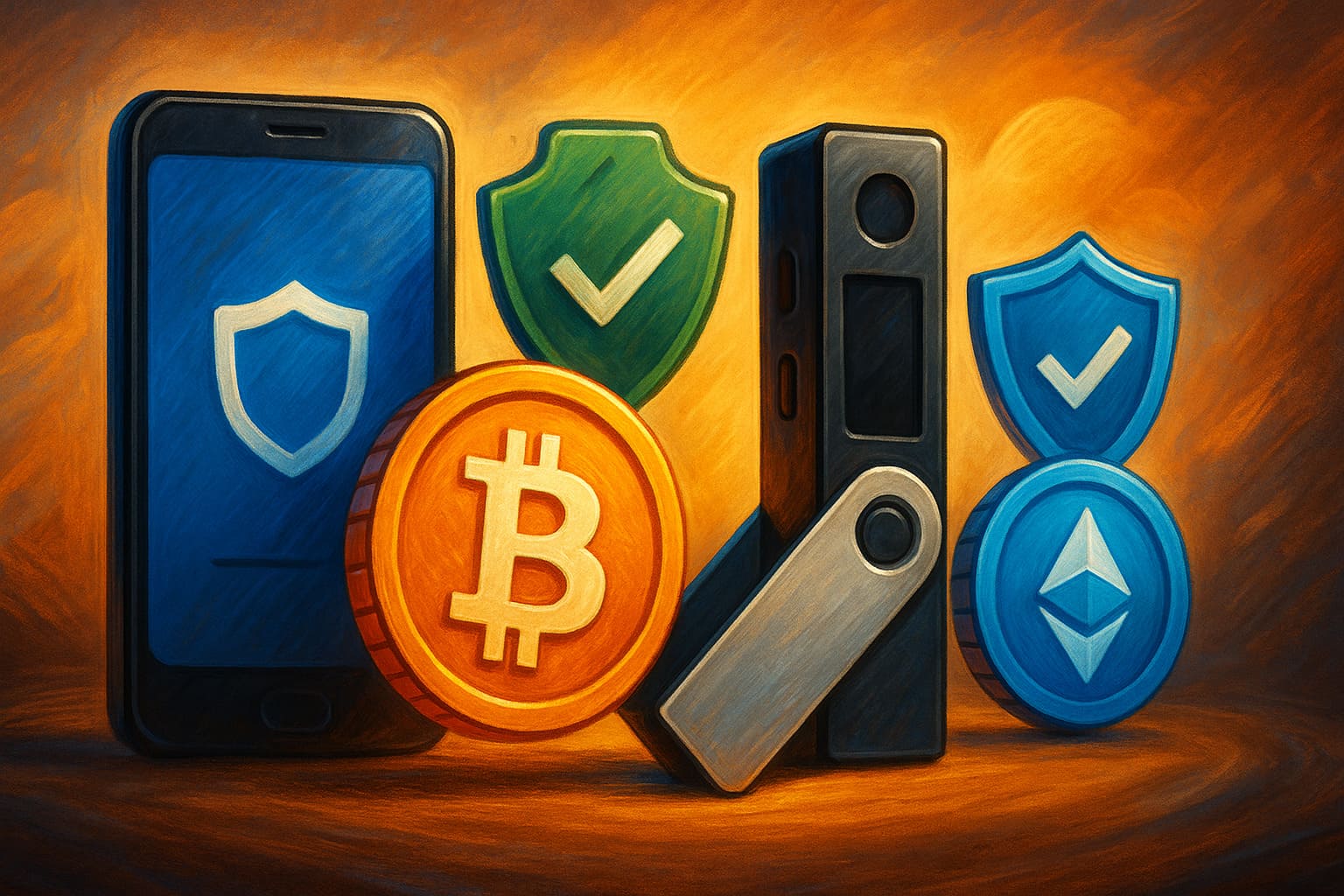Cartoon depiction of software wallets and hardware devices representing beginner-friendly crypto wallet options