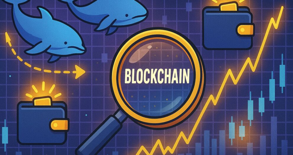 Cartoon-style illustration of on-chain analysis concepts—whale activity, wallet flows, blockchain data interpretation