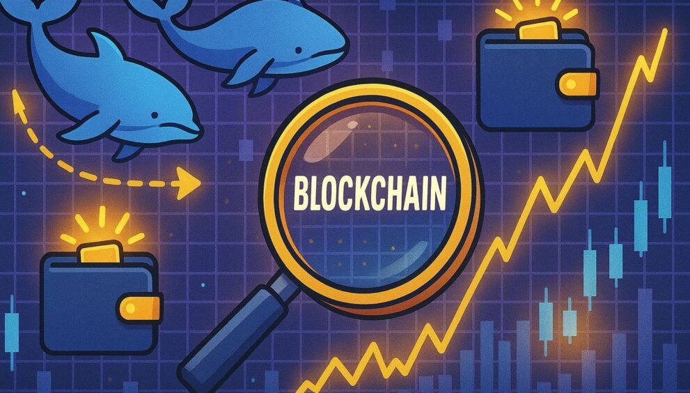 Cartoon-style illustration of on-chain analysis concepts—whale activity, wallet flows, blockchain data interpretation