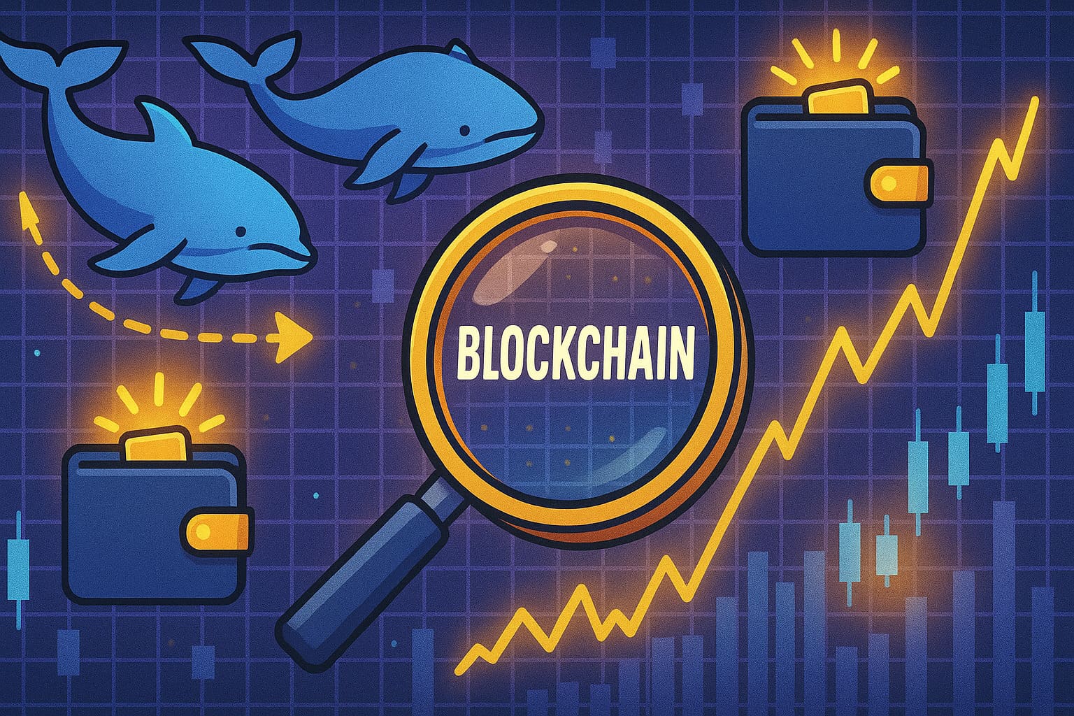 Cartoon-style illustration of on-chain analysis concepts—whale activity, wallet flows, blockchain data interpretation