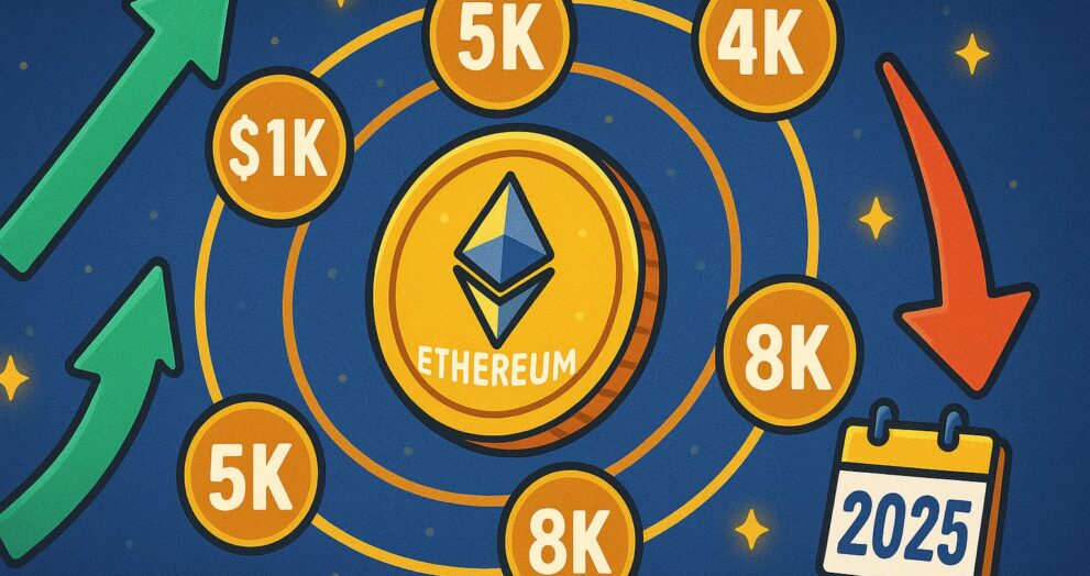 Cartoon infographic displaying Ethereum coin with various 2025 price targets and trends