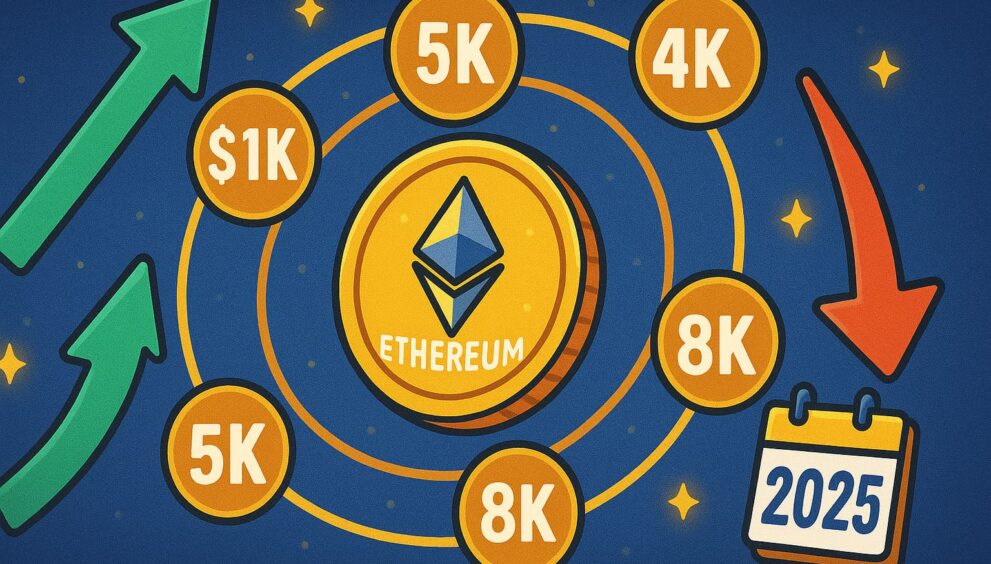 Cartoon infographic displaying Ethereum coin with various 2025 price targets and trends
