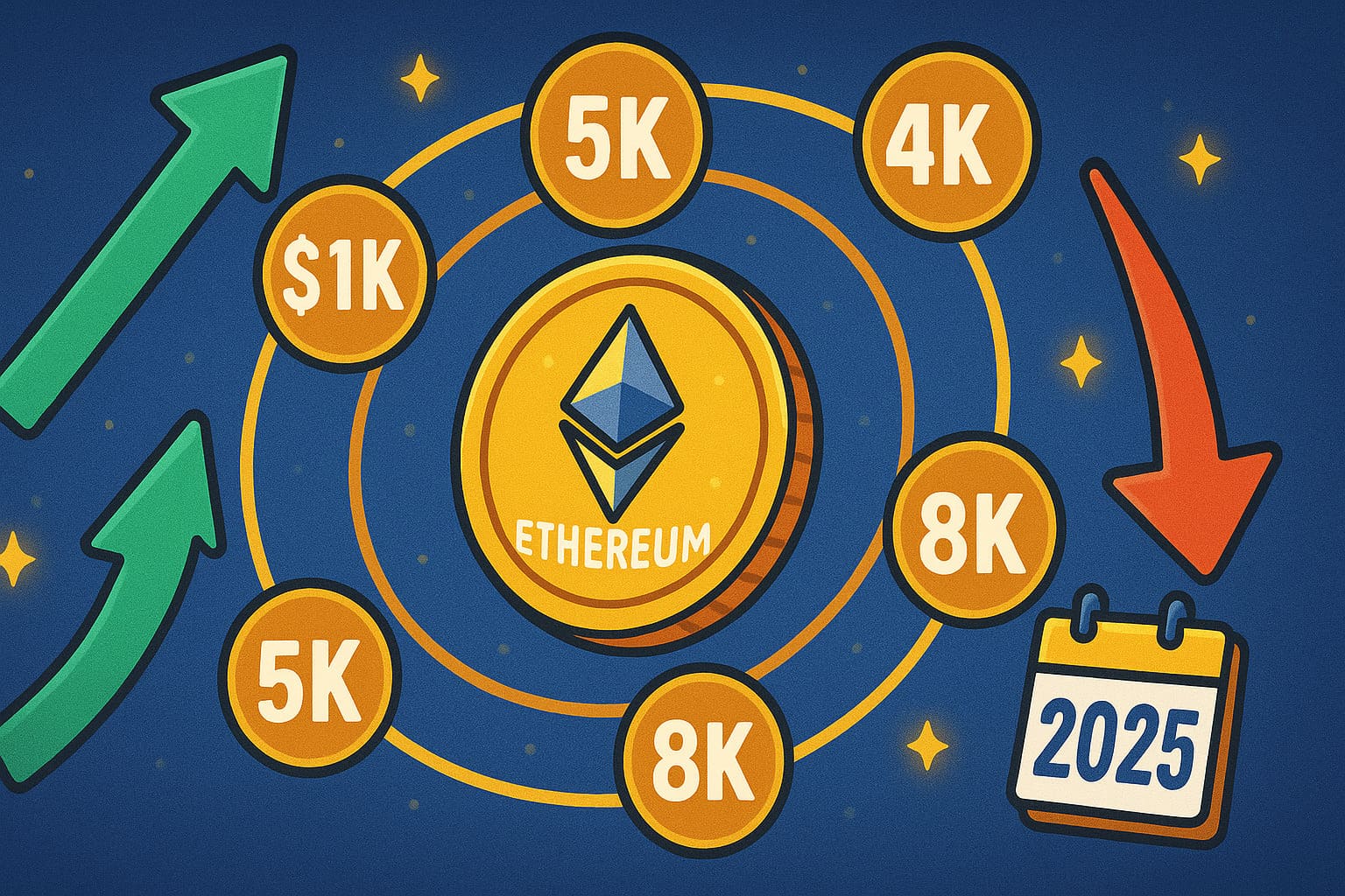 Cartoon infographic displaying Ethereum coin with various 2025 price targets and trends