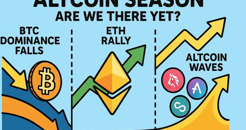 Cartoon infographic showing phases of altcoin season: BTC dominance drop, ETH rally, then broader alt surge