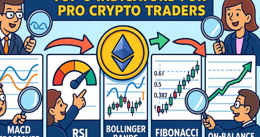 Cartoon infographic showing pro crypto charting tools: MACD, RSI, Bollinger Bands, Fibonacci retracement, On‑Balance Volume