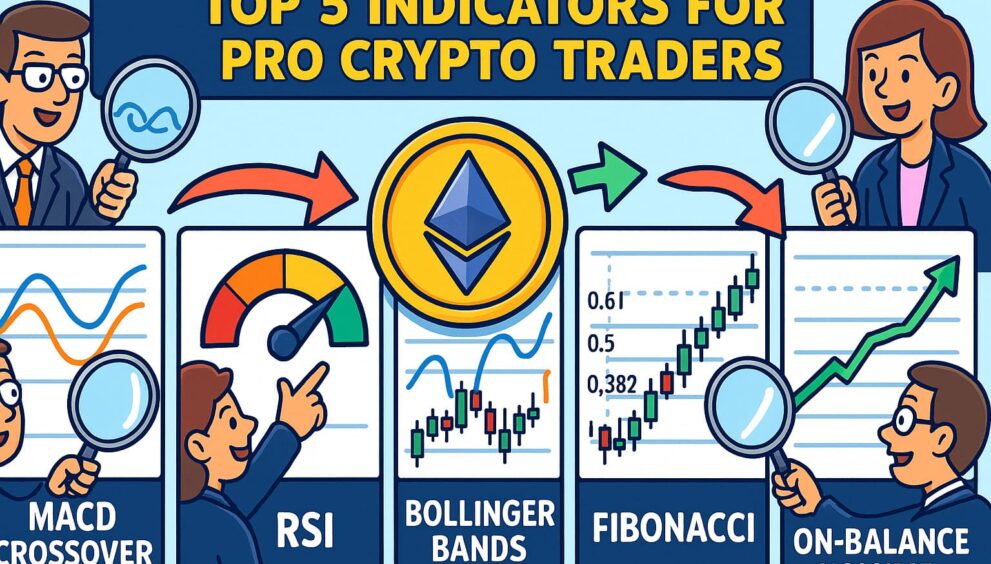 Cartoon infographic showing pro crypto charting tools: MACD, RSI, Bollinger Bands, Fibonacci retracement, On‑Balance Volume
