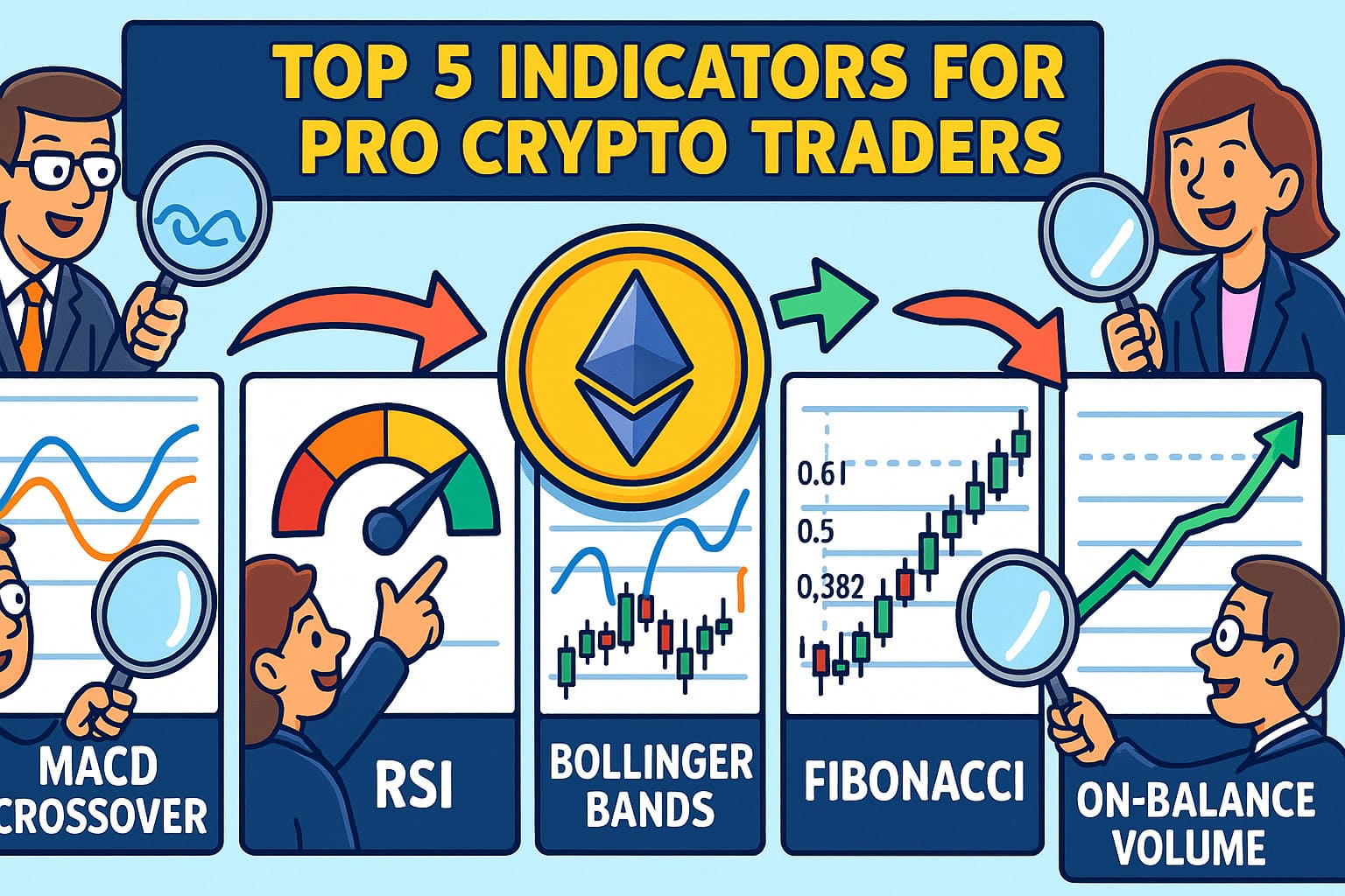 Cartoon infographic showing pro crypto charting tools: MACD, RSI, Bollinger Bands, Fibonacci retracement, On‑Balance Volume