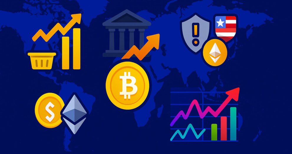 Cartoon map showing macroeconomic and geopolitical forces impacting crypto prices