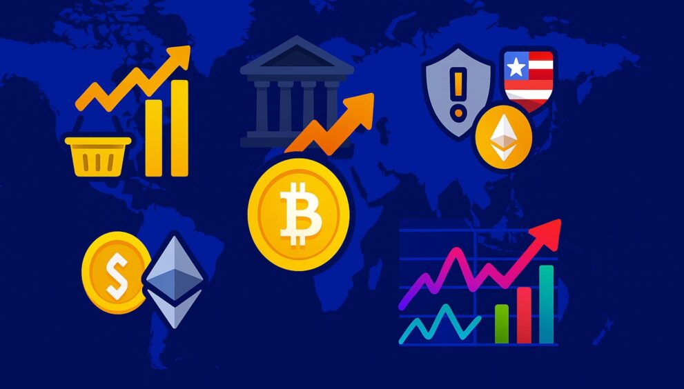 Cartoon map showing macroeconomic and geopolitical forces impacting crypto prices