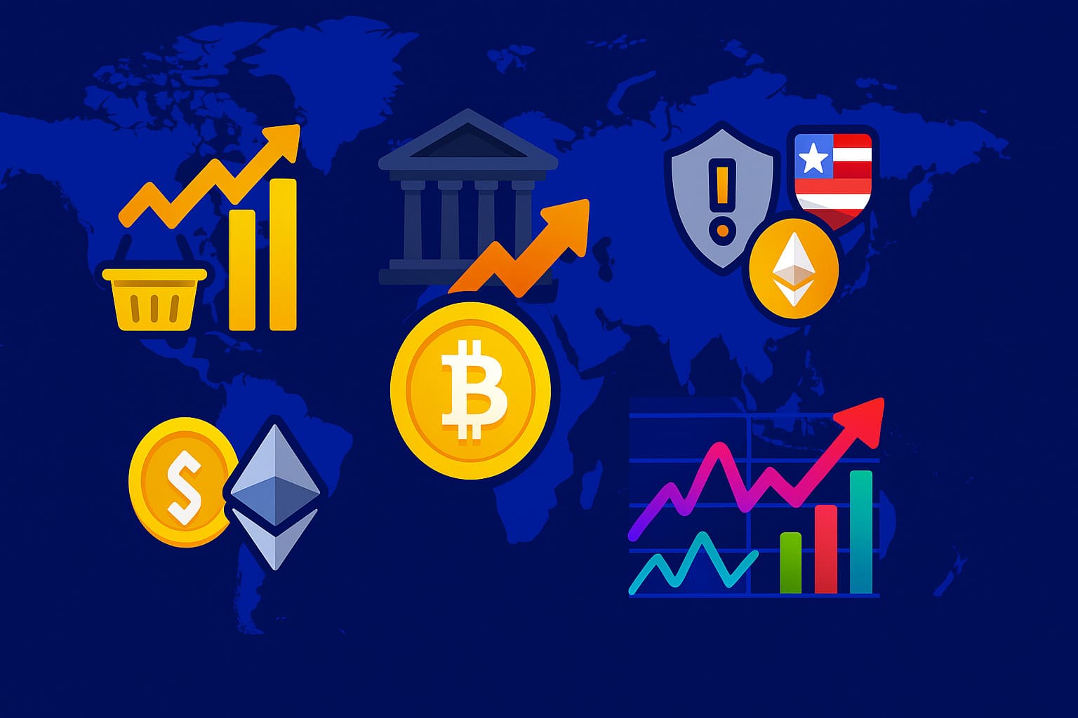 Cartoon map showing macroeconomic and geopolitical forces impacting crypto prices