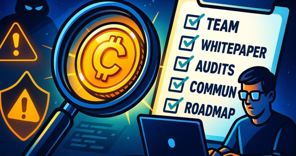 Illustration of crypto investor inspecting a token with checklist and scam warning signs