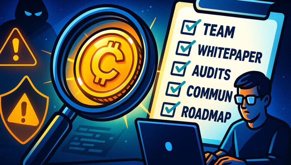 Illustration of crypto investor inspecting a token with checklist and scam warning signs