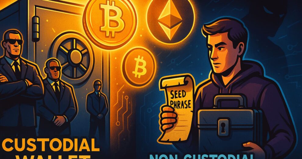 Illustration comparing custodial vs non-custodial crypto wallets with user holding seed phrase and secure vault on opposite sides