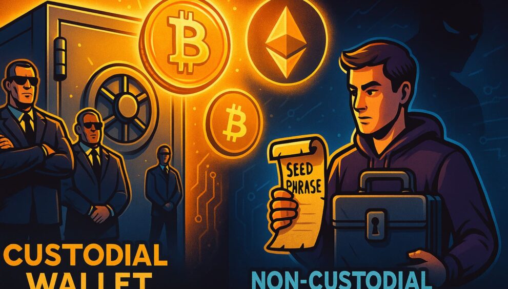 Illustration comparing custodial vs non-custodial crypto wallets with user holding seed phrase and secure vault on opposite sides