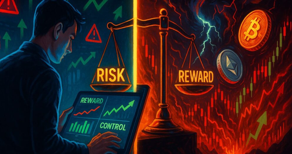 Illustration of a crypto trader managing risk with stop-loss and strategy tools versus chaotic market volatility