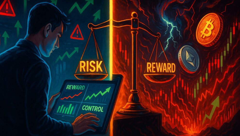 Illustration of a crypto trader managing risk with stop-loss and strategy tools versus chaotic market volatility