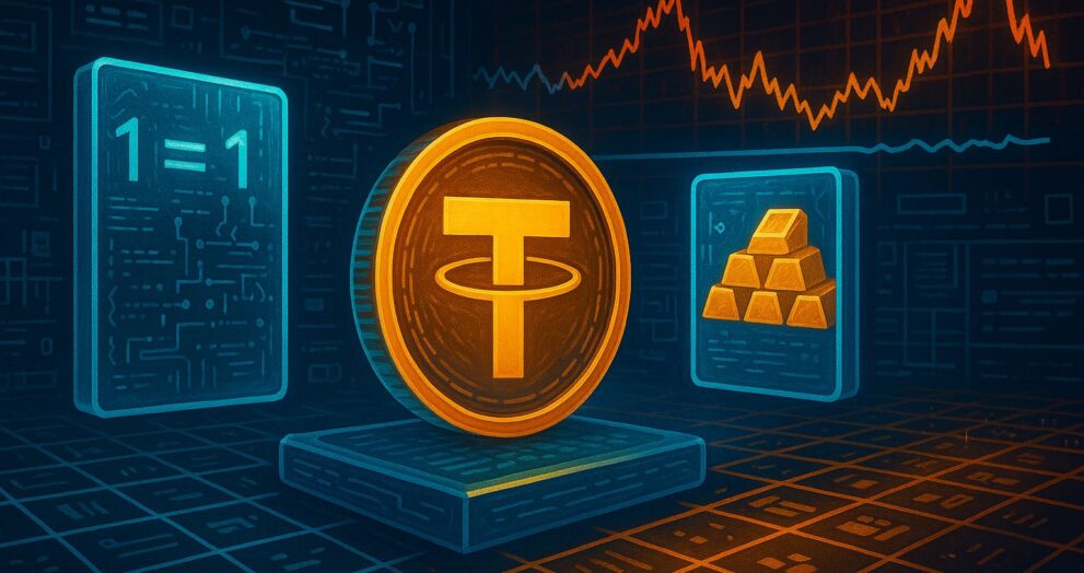 Editorial-style illustration showing a glowing stablecoin on a digital scale surrounded by fiat symbols, code, and crypto tokens
