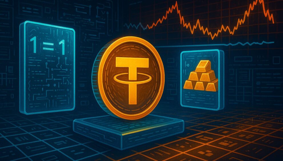 Editorial-style illustration showing a glowing stablecoin on a digital scale surrounded by fiat symbols, code, and crypto tokens