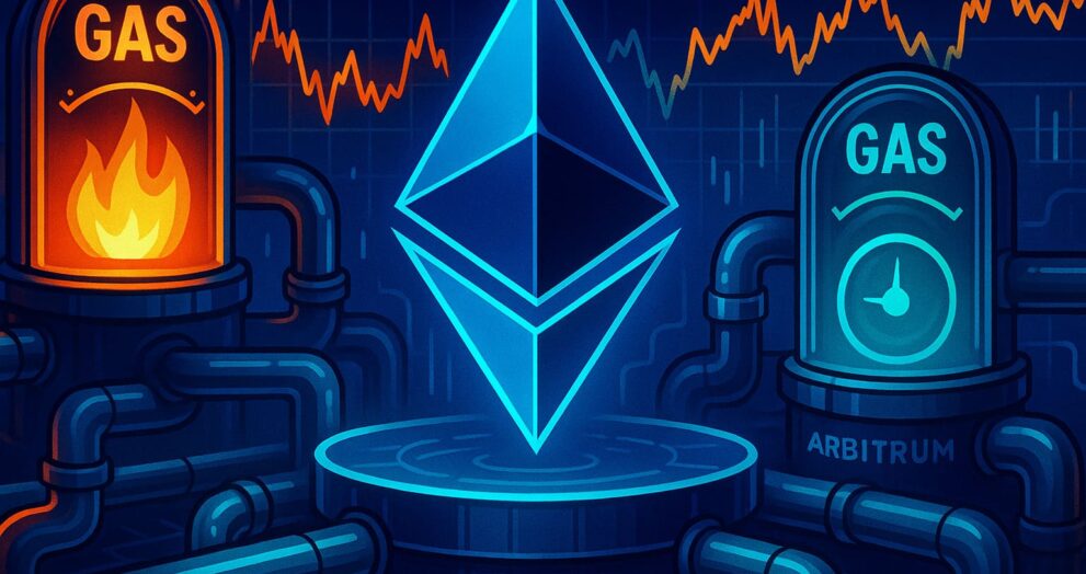 Vector-style crypto dashboard illustrating Ethereum gas meter, Layer‑2 batch processing, and fee comparison chart with glowing circuits.