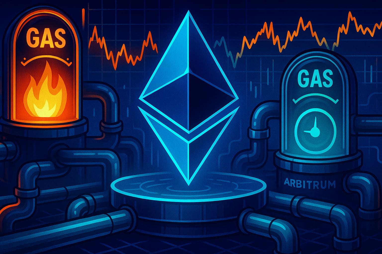 Vector-style crypto dashboard illustrating Ethereum gas meter, Layer‑2 batch processing, and fee comparison chart with glowing circuits.