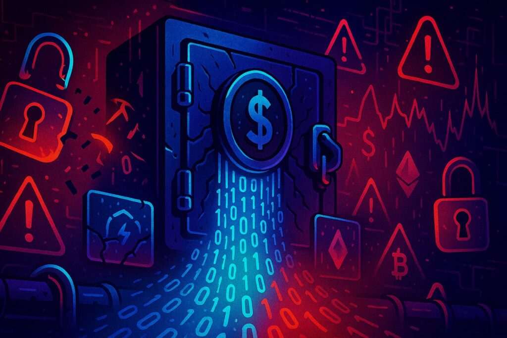 Editorial-style illustration showing a crypto vault being breached with digital assets leaking, symbolizing crypto hacks and exploit losses in 2025.