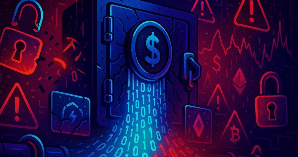 Editorial-style illustration showing a crypto vault being breached with digital assets leaking, symbolizing crypto hacks and exploit losses in 2025.